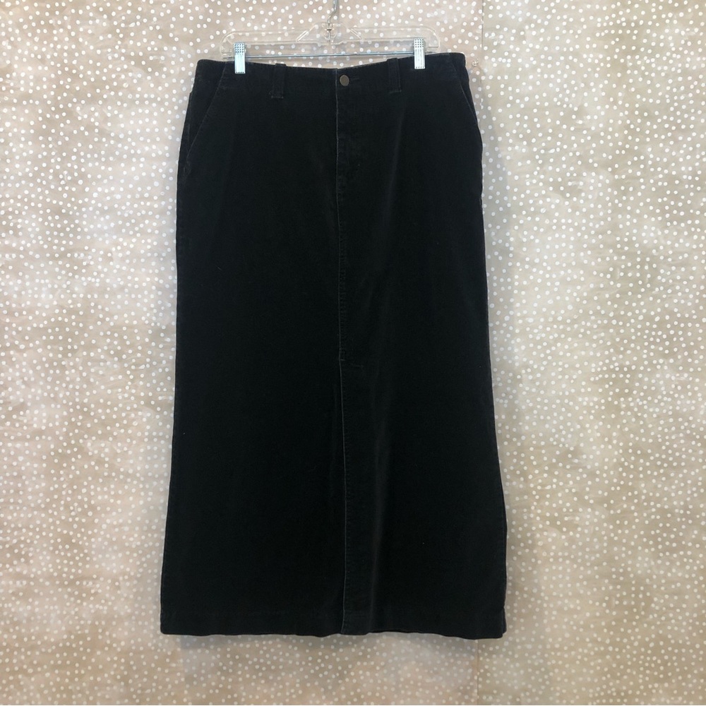 Eddie Bauer Black Velvet Long Skirt Front Split Pockets Belt Loops Size 14 TALL